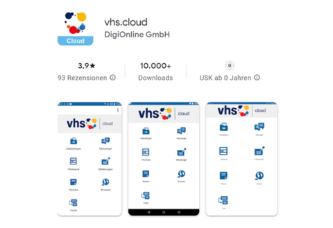Eintrag vhs.cloud App im Google Play Store mit drei Screenshots