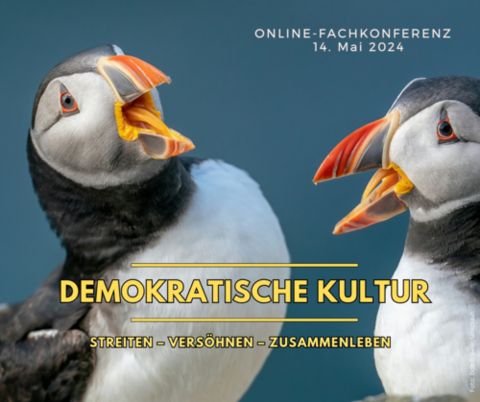 Zwei Papageitaucher mit geöffneten Schnäbeln vor blauen Hintergrund. Über dem Bild liegt in gelb der Schriftzug: Demokratische Kultur. Streiten - Versöhnen - Zusammenleben.