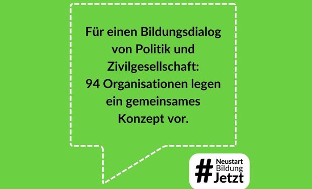 Weiße Sprechblase auf hellgrünem Hintergrund. In der Sprechblase steht der Text: "Für einen Bildungsdialog von Politik und Zivilgesellschaft: 94 Zivilorganisationen legen ein gemeinsames Konzept vor"