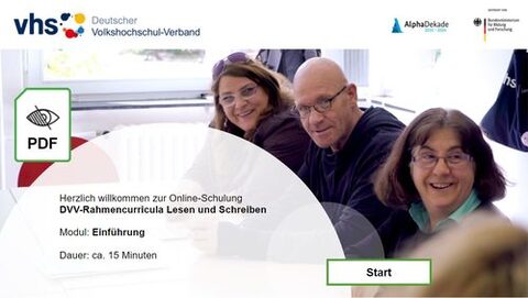 Startbildschirm der Online-Schulung zum DVV-Rahmencurriculum Lesen und Schreiben.