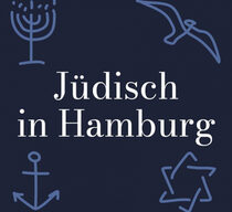 Das Podcast-Logo zeigt Symbole jüdischer Religion und Kultur auf dunkelblauem Grund mit dem Podcast-Namen "Jüdisch in Hamburg" in weißer Schrift