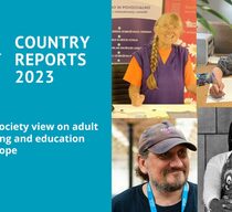 Eine Bildcollage aus türkiser Kachel mit weißem Schriftzug EAEA Country Reports 2023 und vier Porträts von Lernenden unterschiedlicher Herkunft