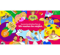 Collage mit comicartigen, bunten Illustrationen von Aktivitäten von Kindern und Jugendlichen. In der Mitte eine pinkfarbene Wole mit weißer Aufschrift: "DeutschlandHatNenPlan.de. Wir machen ihn möglich."