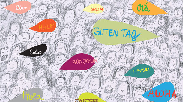 Zeichnung mit Sprechblasen in verschiedenen Sprachen