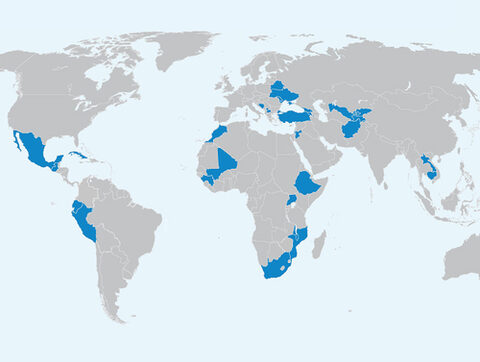 Weltkarte mit markierten Partnerländern von DVV International