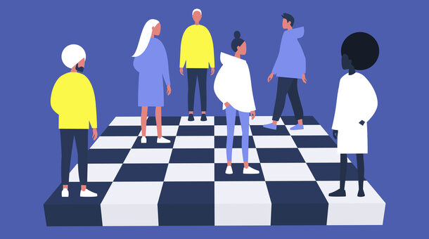A group of diverse characters playing chess on a chessboard, management concept