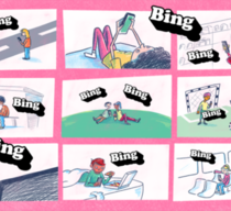 Ausschnitt aus der Comic-Story zum Konzept „Vorsicht, bissig!", auf dem man in vielen kleinen Kacheln sieht, wie es bei unterschiedlichen Jugendlichen „Bing” macht, weil eine Chat-Nachricht auf dem Handy angekommen ist.