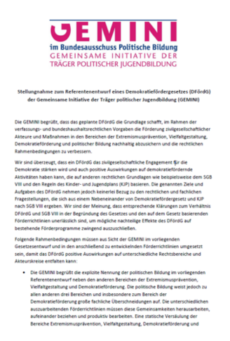 Titelseite der GEMINI-Stellungnahme zum Referentenentwurf zum Demokratiefördergesetz