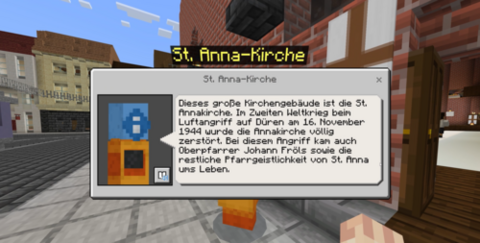 Screenshot Minecraft zerstörtes Düren Erläuterung St.Anna-Kirche
