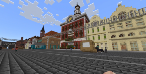 Screenshot Minecraft zerstörtes Düren Marktplatz vhs Rur-Eifel