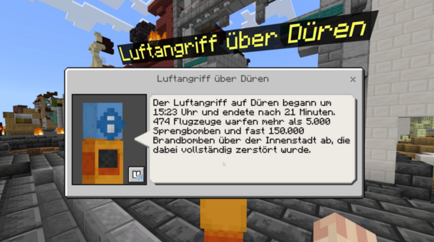 Screenshot Minecraft zerstörtes Düren Erläuterung Luftangriff