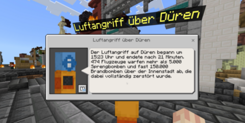 Screenshot Minecraft zerstörtes Düren Erläuterung Luftangriff