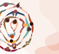 Group of people in circle from diverse culture holding hands.Cooperation and teamwork.Community of friends or volunteers committed to social issues for peace and the environment.Top view