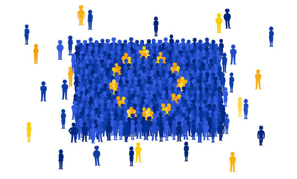 Vector European Union state flag formed by crowd of cartoon people