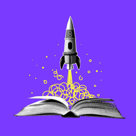 Concept of creativity and imagination. Halftone rocket launches from book