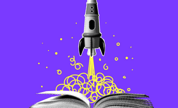 Concept of creativity and imagination. Halftone rocket launches from book
