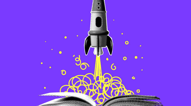 Concept of creativity and imagination. Halftone rocket launches from book