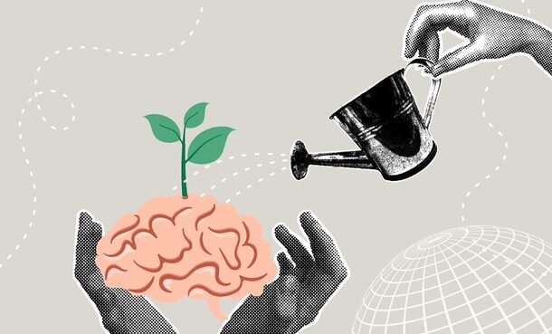 Trendy halftone collage. Brain development - concept of growth, learning and development. The concept of learning, self development, positive attitude towards learning new things, improving for success, brain motivation