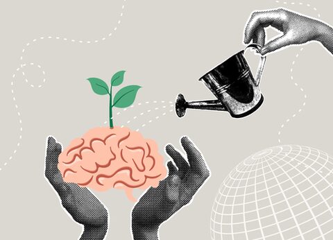 Trendy halftone collage. Brain development - concept of growth, learning and development. The concept of learning, self development, positive attitude towards learning new things, improving for success, brain motivation