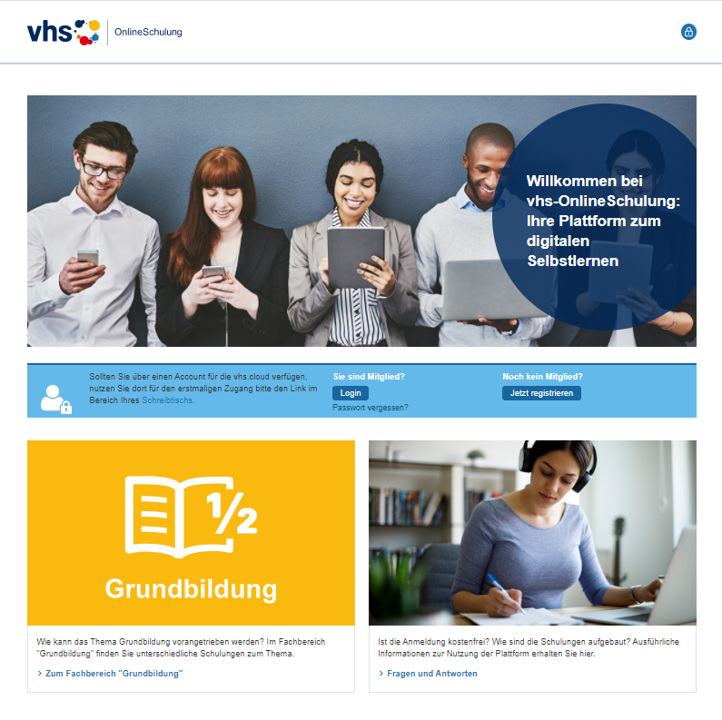 Startseite der Plattform vhs.OnlineSchulung