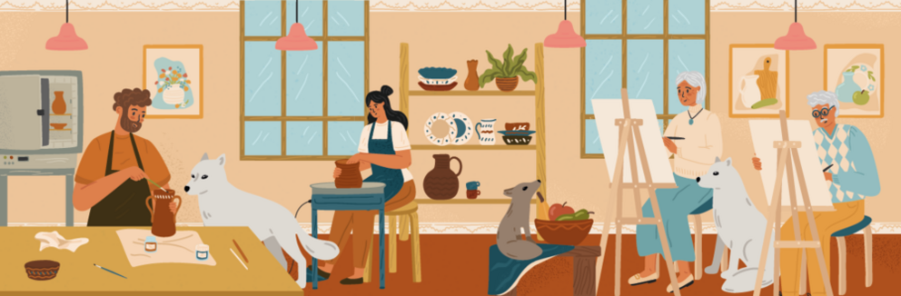 Illustration von Menschen, die malen und töpfern, während freundliche Wölfe zusehen