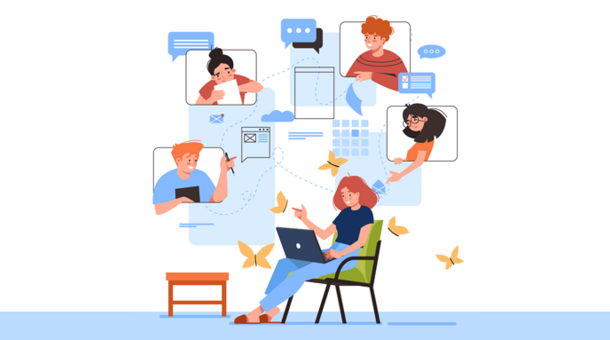 Illustration: mehrere Personen tauschen sich über das Internet miteinander aus
