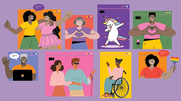 Illustration: Mehrere Personen tauschen sich über das Internet miteinander aus. Die Personen haben verschiedene Hautfarben, halten Regenbogen-Symbole hoch, haben Handicaps und in der Mitte ist ein Einhorn.