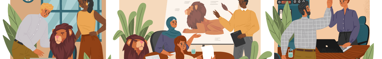 Illustration von Menschen, die sich austauschen, am Tisch sitzt ein Löwe