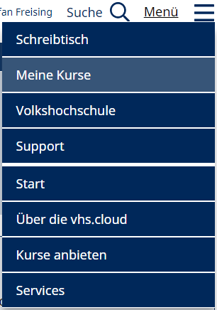 Burgermenü der vhs.cloud in der Teilnehmenden-Ansicht