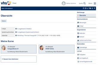 Ansicht des Schreibtischs in der vhs.cloud aus Kursteilnehmenden-Sicht