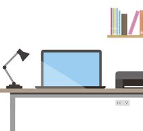 Schreibtisch mit Laptop, Schreibtischlampe und Drucker, darüber ein Wandregal mit verschiedenen Büchern darauf