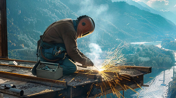 Eine Person hockt auf einer Brücke im Bau und schweißt. Im Hintergrund ist ein weites Flusstal zu sehen.