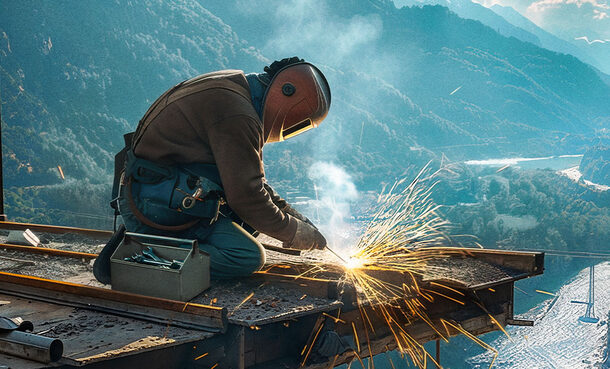 Eine Person hockt auf einer Brücke im Bau und schweißt. Im Hintergrund ist ein weites Flusstal zu sehen.