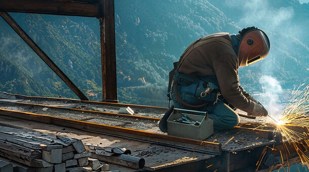 Eine Person hockt auf einer Brücke im Bau und schweißt. Im Hintergrund ist ein weites Flusstal zu sehen.
