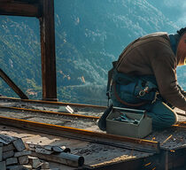 Eine Person hockt auf einer Brücke im Bau und schweißt. Im Hintergrund ist ein weites Flusstal zu sehen.