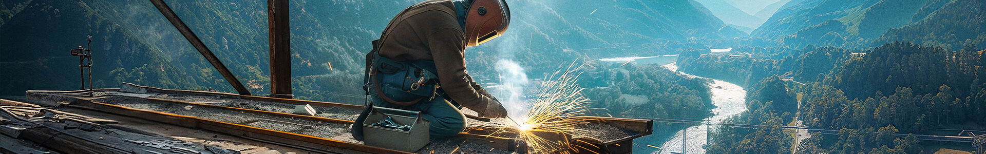 Eine Person hockt auf einer Brücke im Bau und schweißt. Im Hintergrund ist ein weites Flusstal zu sehen.