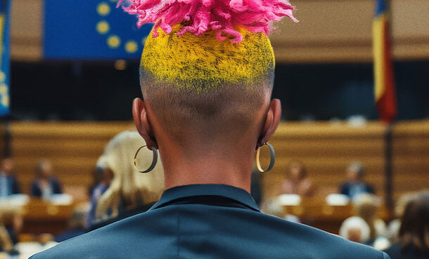Eine Person mit dunkler Hautfarbe und bunt gefärbten Haaren ist von hinten in einem Plenarssal zu sehen. Im Hintergrund sieht man schemenhaft die EU-Flagge und weitere Personen.