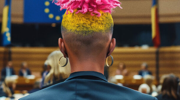 Eine Person mit dunkler Hautfarbe und bunt gefärbten Haaren ist von hinten in einem Plenarssal zu sehen. Im Hintergrund sieht man schemenhaft die EU-Flagge und weitere Personen.