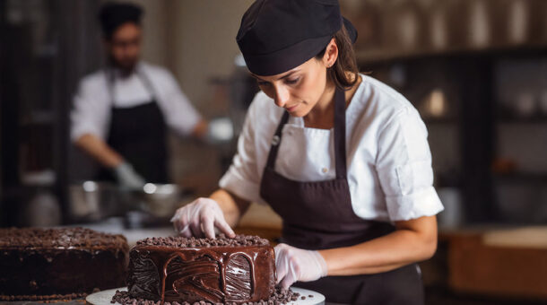Eine jüngere Frau dekoriert eine Torte mit Schokoüberzug.