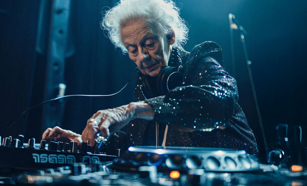 Eine ältere Frau steht an einem DJ-Mischpult und bedient dieses.