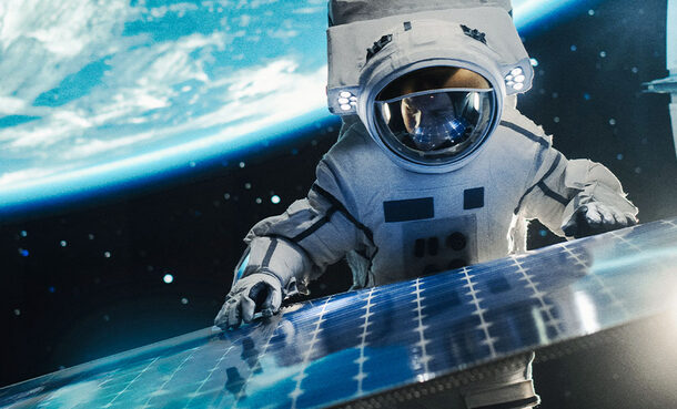 Ein Astronaut im Raumanzug arbeitet im Weltraum an einem Solarpanel. Im Hintergrund die Erde und das All.