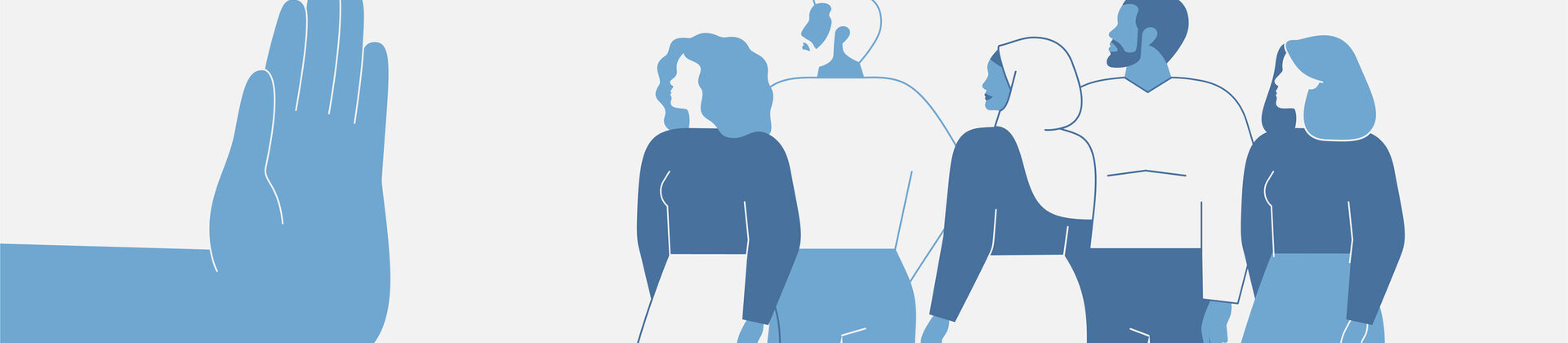 Discrimination in the workplace. Restricting or closing borders to global diversity and immigration. Human hand shows stop gesture for crowd of people