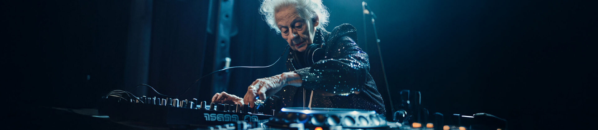 Eine ältere Frau steht an einem DJ-Mischpult und bedient dieses.