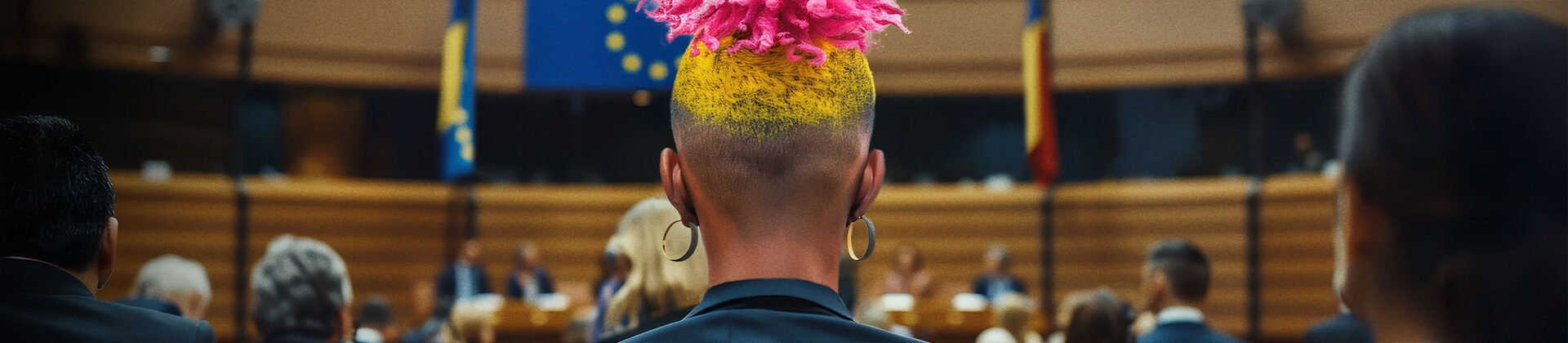 Eine Person mit großen Ohrringen und bunt gefärbten Haaren sitzt in einem Parlamentssaal und beobachtet das Geschehen.