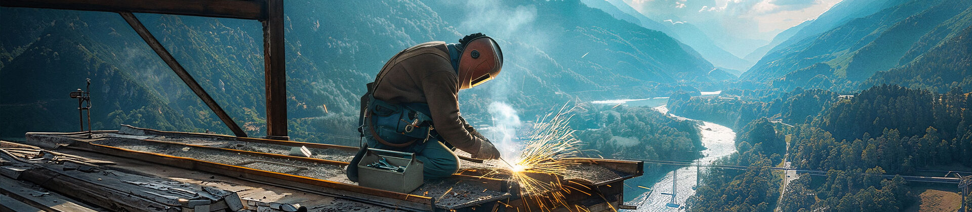 Eine Person kniet auf einer hohen Brücke über einem Fluß und schweißt an einer Schiene.