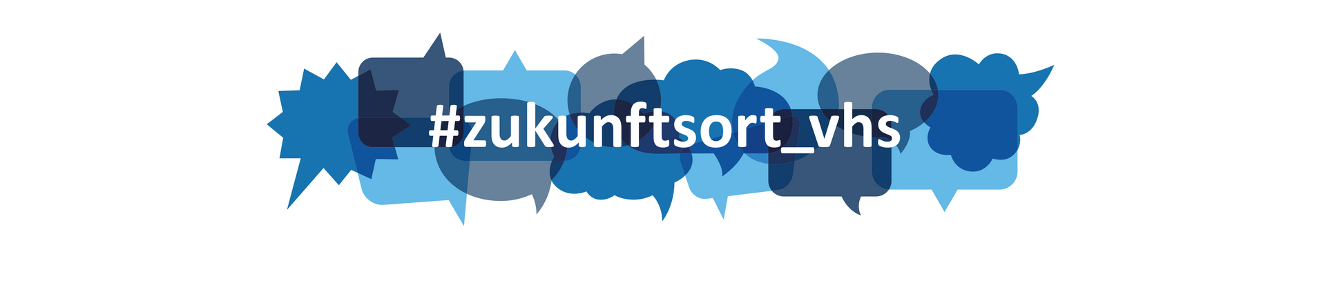 Banner: Sprechblasen in vielen verschiedenen Blautönen. Darüber in weiß der Schriftzug "#zukunftsort_vhs"