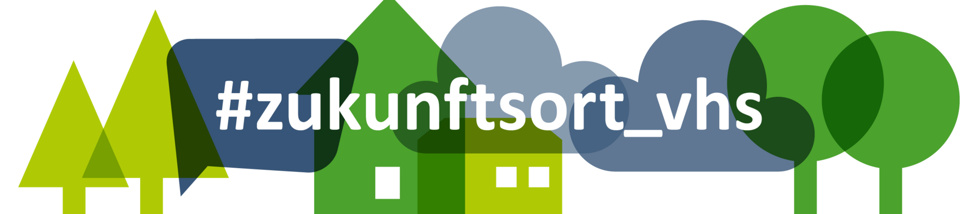 Banner: Verschiedene Formen (Kreise, Bäume, Häuser) in verschiedenen Blau- und Grüntönen. Darüber in weiß der Schriftzug "#zukunftsort_vhs"