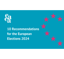 Blaues Banner mit einem roten Herz aus Sternen. Auf dem Banner steht "10 Recommendations für European Elections 2024"