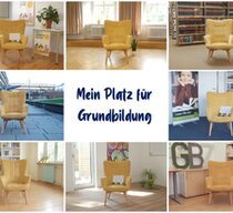 Collage mit acht Bildern, die einen gelben Sessel in verschiedenen Räumen zeigt. In der Mitte steht "Mein Platz für Grundbildung"