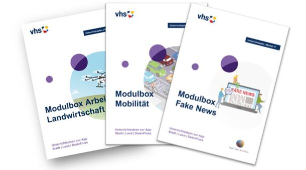 Cover-Abbildungen der drei neuen Modulboxen mit Unterrichtsideen zur Datenkompetenz-App Stadt | Land | DatenFluss